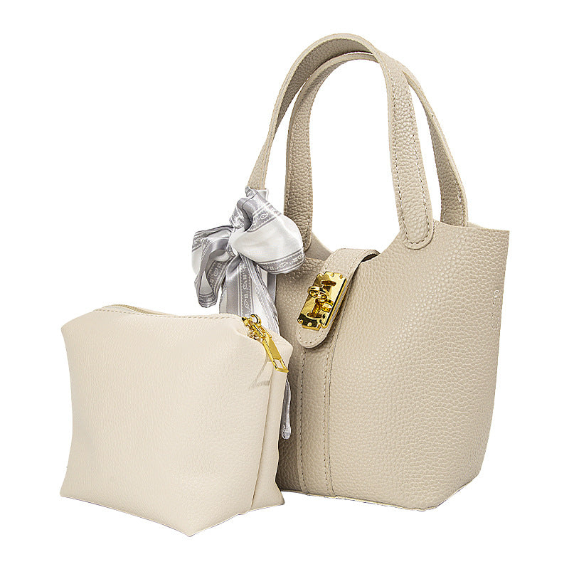Off-white lychee patterned basket bag, women's scarf-decorated mother-and-child bag, handbag/crossbody bag