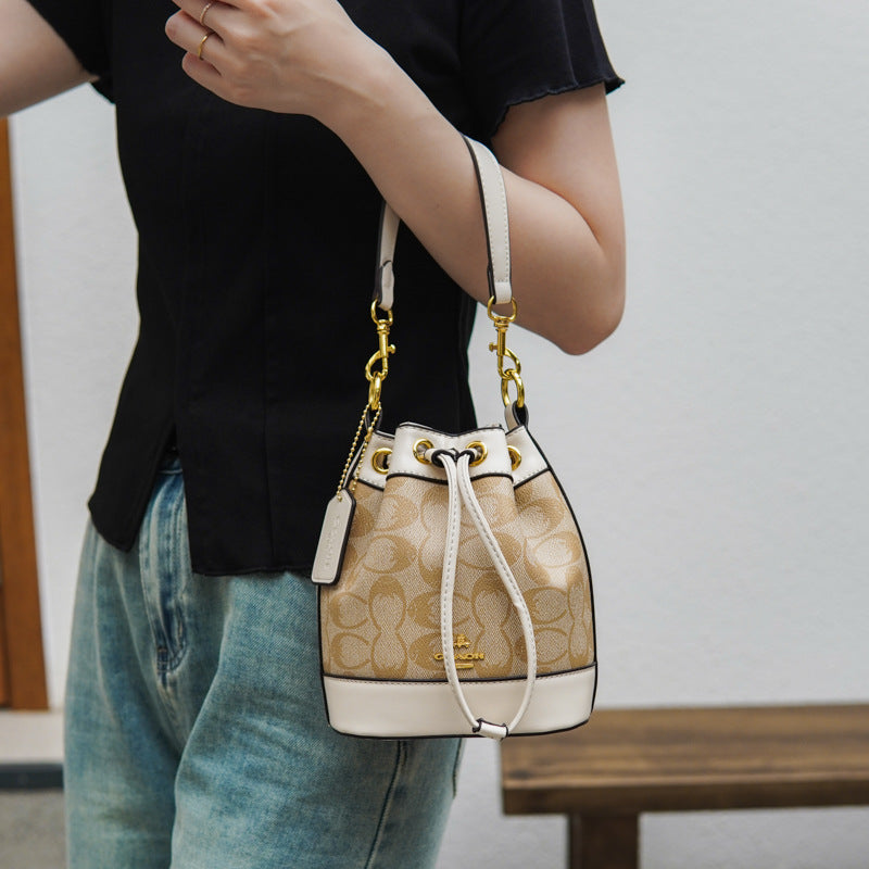 Classic presbyopic color-blocked drawstring bucket bag for women mini shoulder crossbody handbag