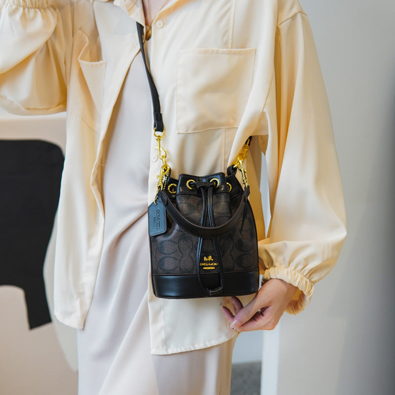 Classic presbyopic color-blocked drawstring bucket bag for women mini shoulder crossbody handbag