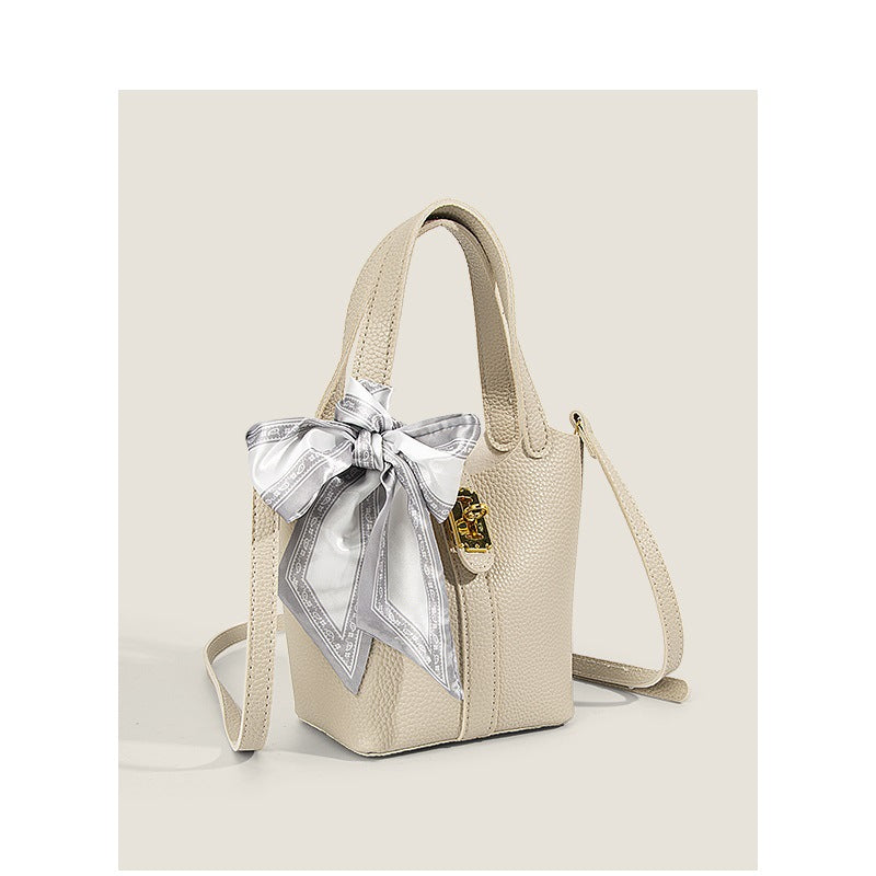 Off-white lychee patterned basket bag, women's scarf-decorated mother-and-child bag, handbag/crossbody bag