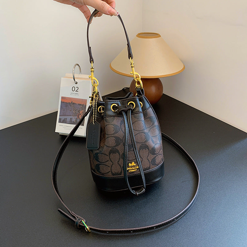 Classic presbyopic color-blocked drawstring bucket bag for women mini shoulder crossbody handbag