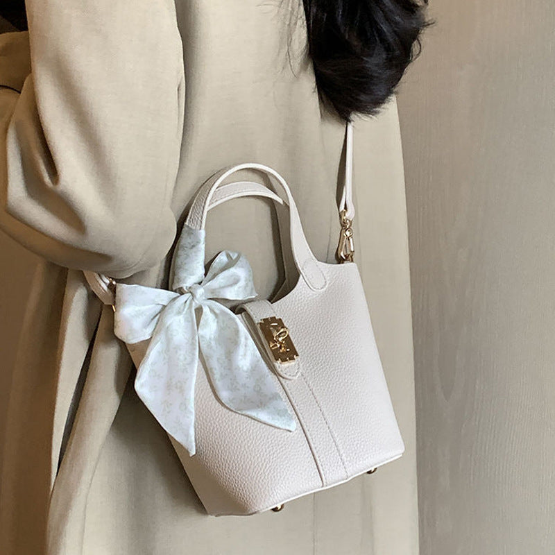 Off-white lychee patterned basket bag, women's scarf-decorated mother-and-child bag, handbag/crossbody bag