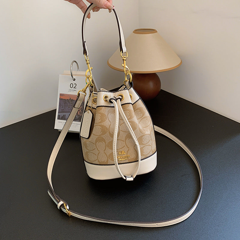 Classic presbyopic color-blocked drawstring bucket bag for women mini shoulder crossbody handbag