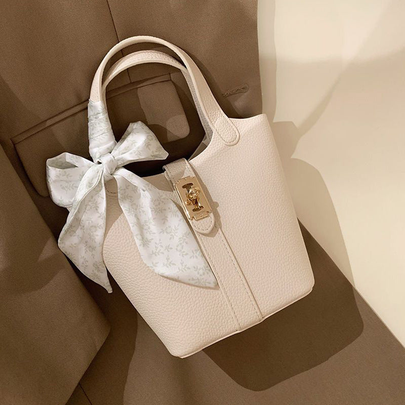 Off-white lychee patterned basket bag, women's scarf-decorated mother-and-child bag, handbag/crossbody bag
