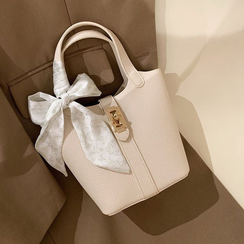 Off-white lychee patterned basket bag, women's scarf-decorated mother-and-child bag, handbag/crossbody bag